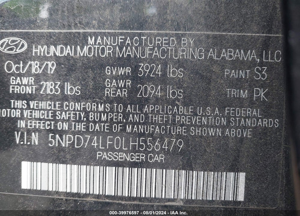 2020 HYUNDAI ELANTRA SE VIN: 5NPD74LF0LH556479