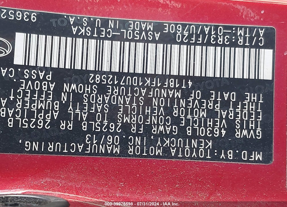 2013 TOYOTA CAMRY SE VIN: 4T1BF1FK1DU712582