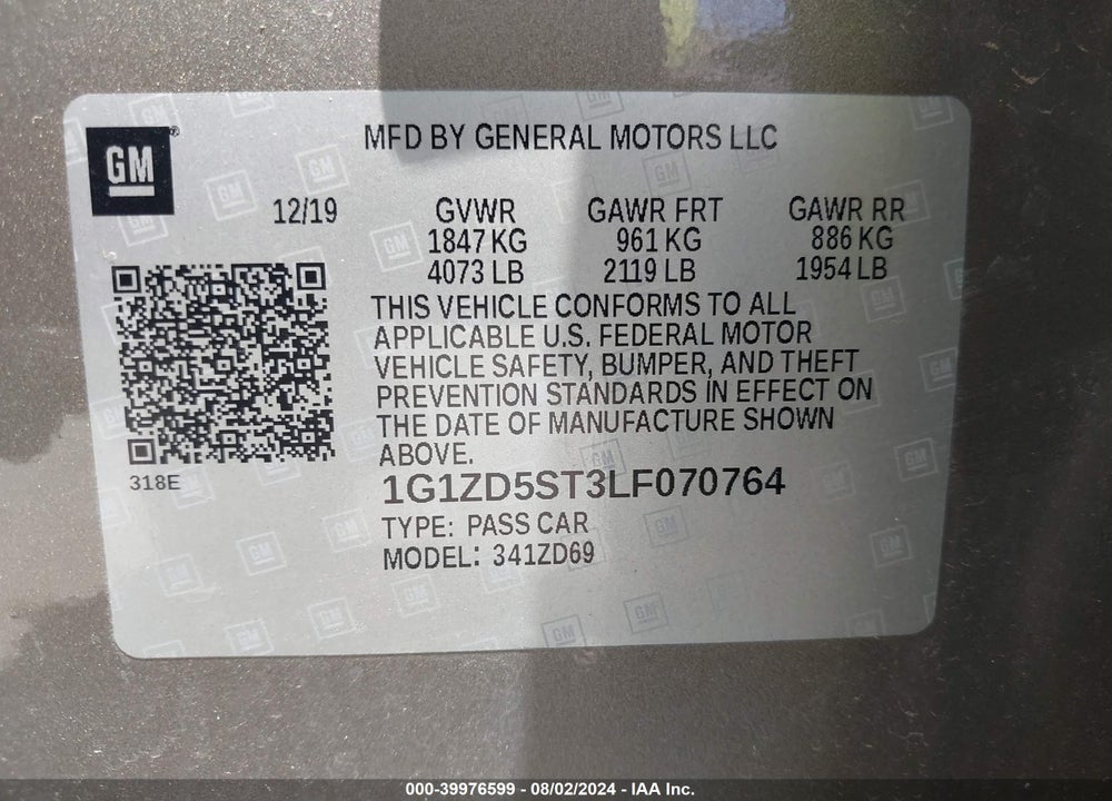 2020 CHEVROLET MALIBU FWD LT VIN: 1G1ZD5ST3LF070764