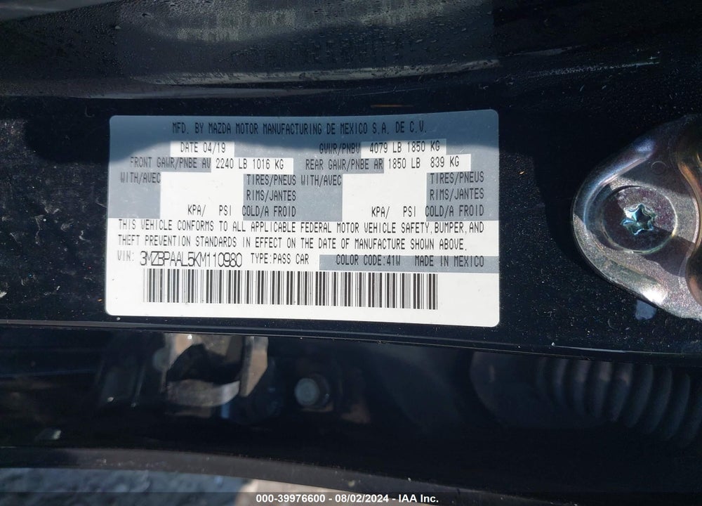 2019 MAZDA MAZDA3 VIN: 3MZBPAAL5KM110980