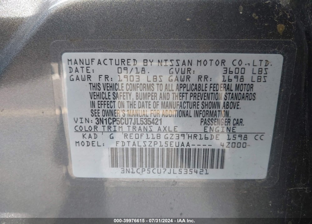 2018 NISSAN KICKS VIN: 3N1CP5CU7JL535421