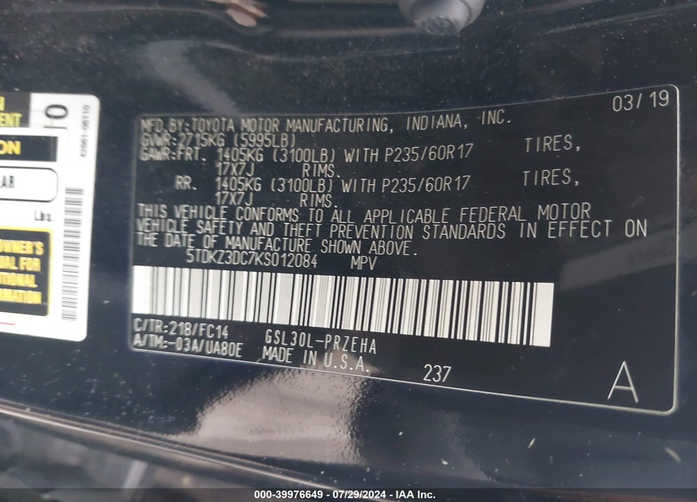 2019 TOYOTA SIENNA LE 8 PASSENGER VIN: 5TDKZ3DC7KS012084