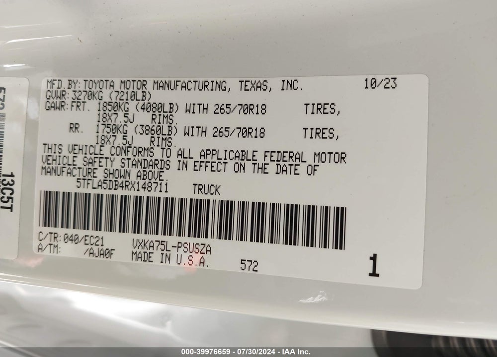 2024 TOYOTA TUNDRA SR5 VIN: 5TFLA5DB4RX148711