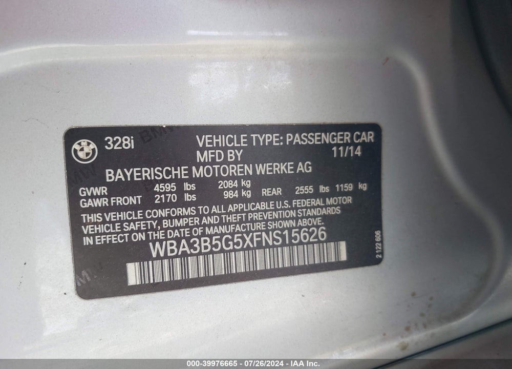 2015 BMW 328I XDRIVE VIN: WBA3B5G5XFNS15626