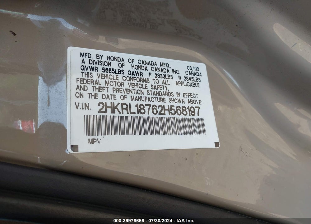 2002 HONDA ODYSSEY EX-L VIN: 2HKRL18762H568197