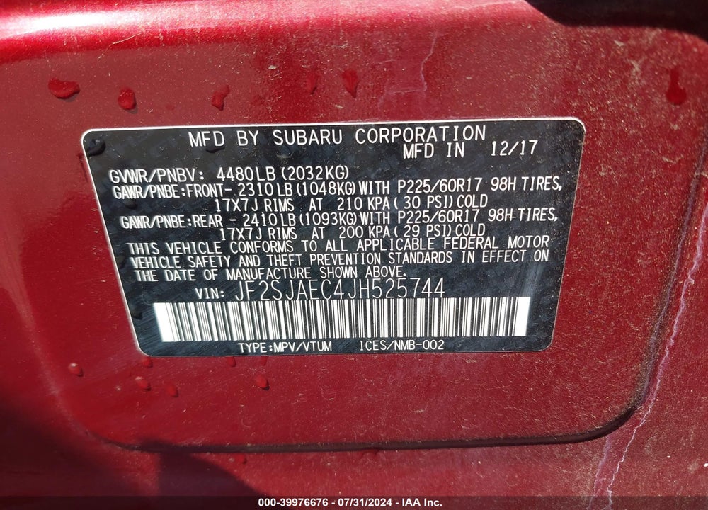 2018 SUBARU FORESTER 2.5I PREMIUM VIN: JF2SJAEC4JH525744