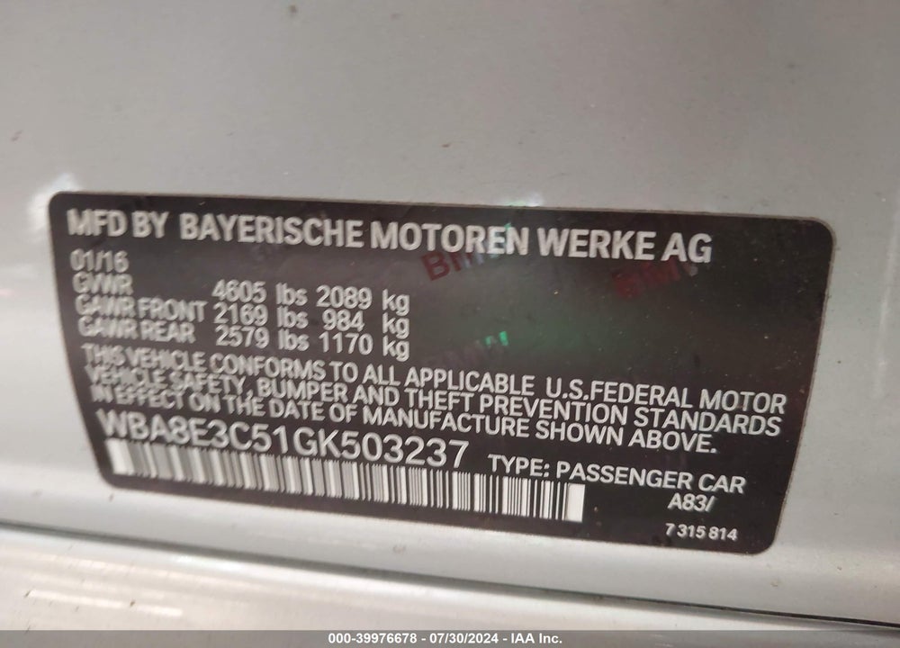 2016 BMW 328I XDRIVE VIN: WBA8E3C51GK503237