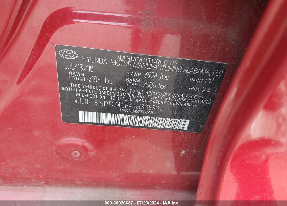 2018 HYUNDAI ELANTRA SE VIN: 5NPD74LF4JH385586