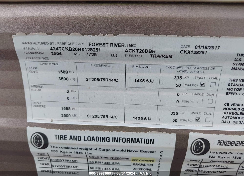 2017 FOREST RIVER OTHER VIN: 4X4TCKB20HX128251
