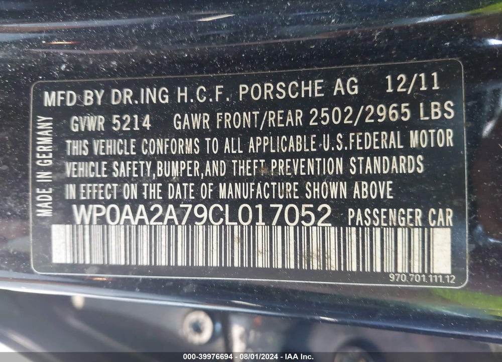 2012 PORSCHE PANAMERA 4 VIN: WP0AA2A79CL017052