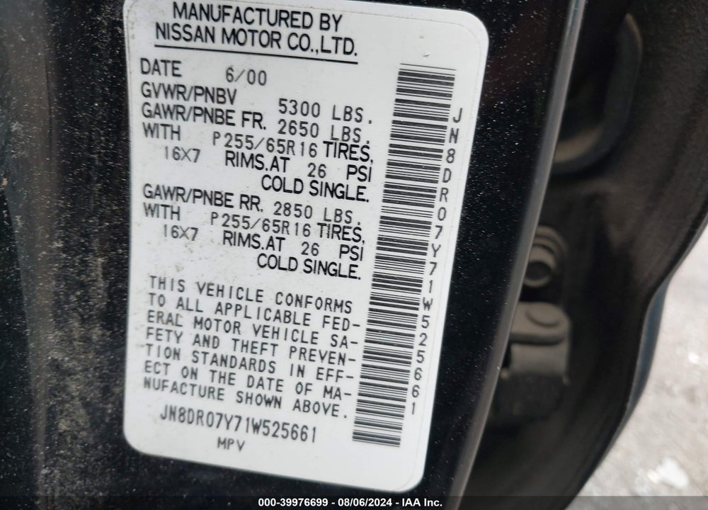 2001 NISSAN PATHFINDER LE VIN: JN8DR07Y71W525661