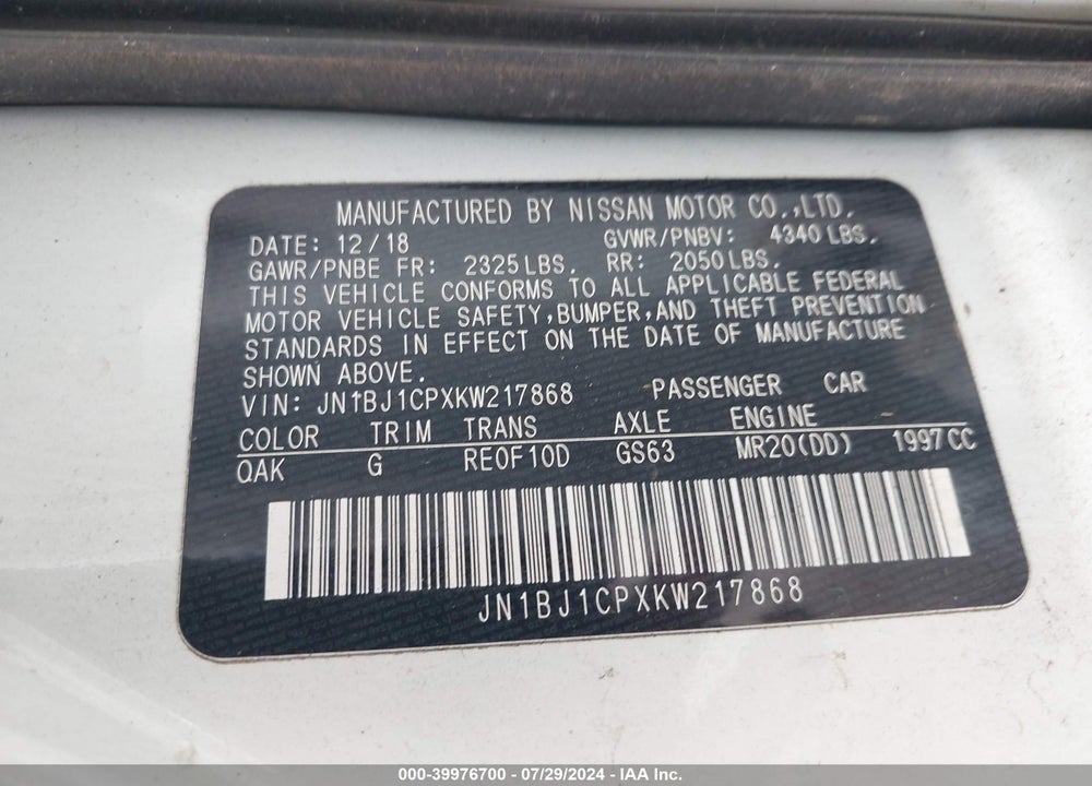 2019 NISSAN ROGUE SPORT S VIN: JN1BJ1CPXKW217868