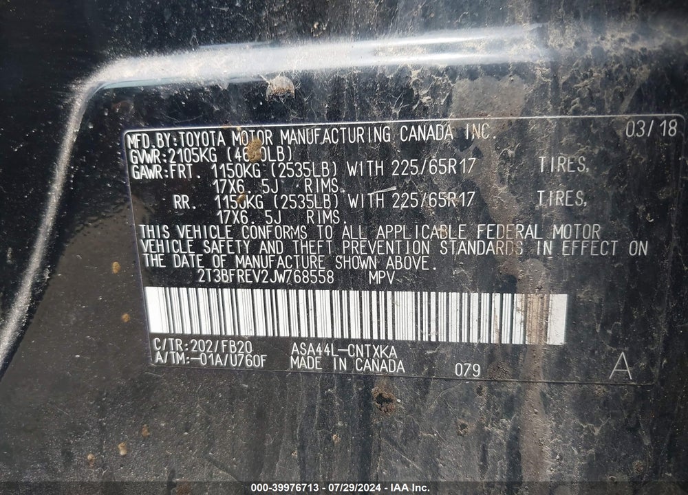 2018 TOYOTA RAV4 LE VIN: 2T3BFREV2JW768558
