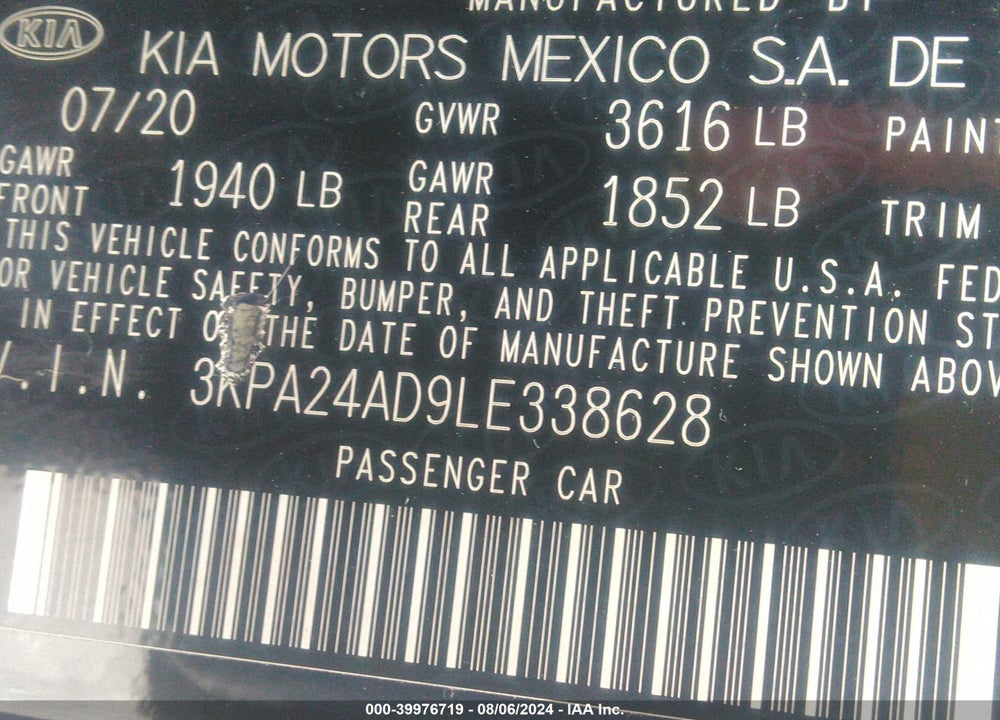 2020 KIA RIO S VIN: 3KPA24AD9LE338628