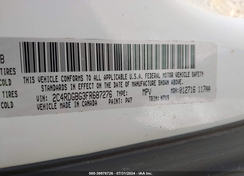2015 DODGE GRAND CARAVAN SE PLUS VIN: 2C4RDGBG3FR687276