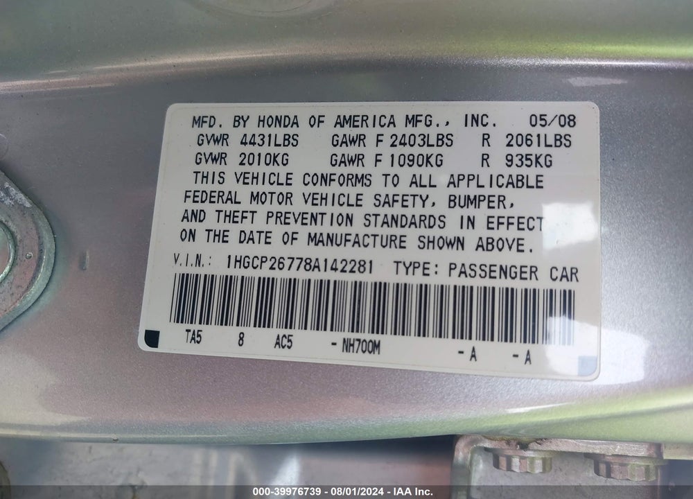 2008 HONDA ACCORD 2.4 EX VIN: 1HGCP26778A142281