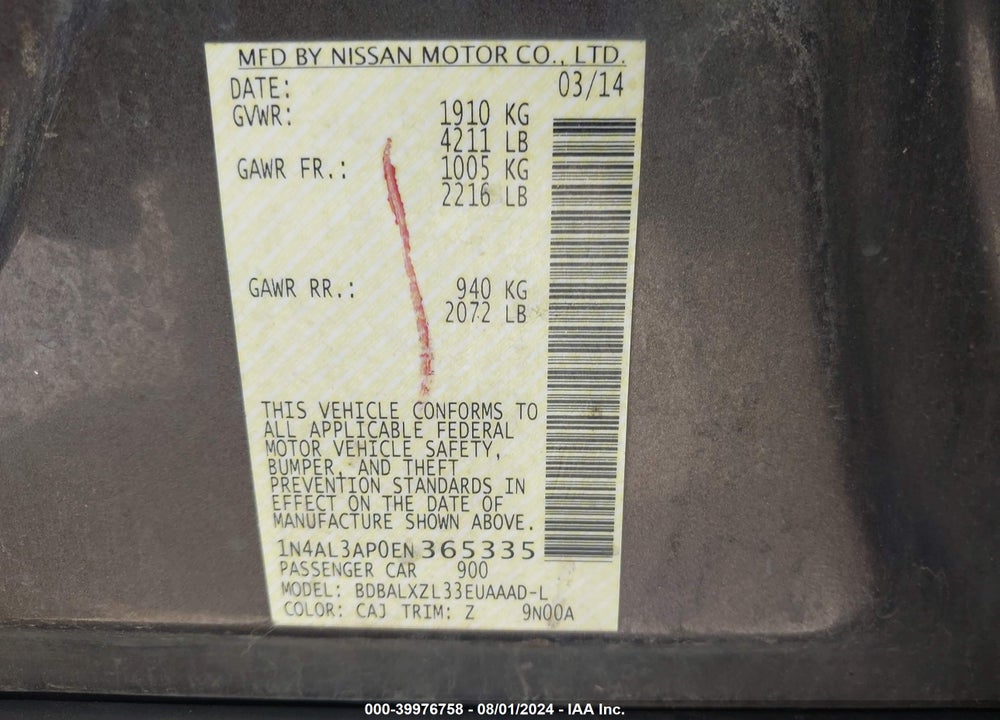 2014 NISSAN ALTIMA 2.5 SL VIN: 1N4AL3AP0EN365335