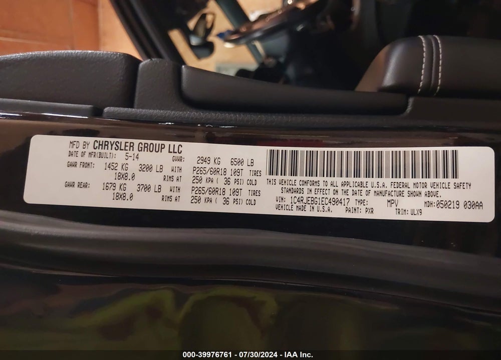 2014 JEEP GRAND CHEROKEE LIMITED VIN: 1C4RJEBG1EC490417
