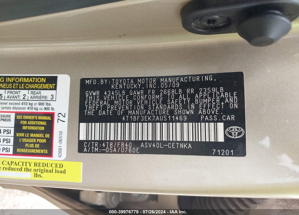 2010 TOYOTA CAMRY VIN: 4T1BF3EK7AU511469