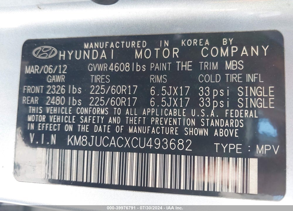 2012 HYUNDAI TUCSON GLS VIN: KM8JUCACXCU493682