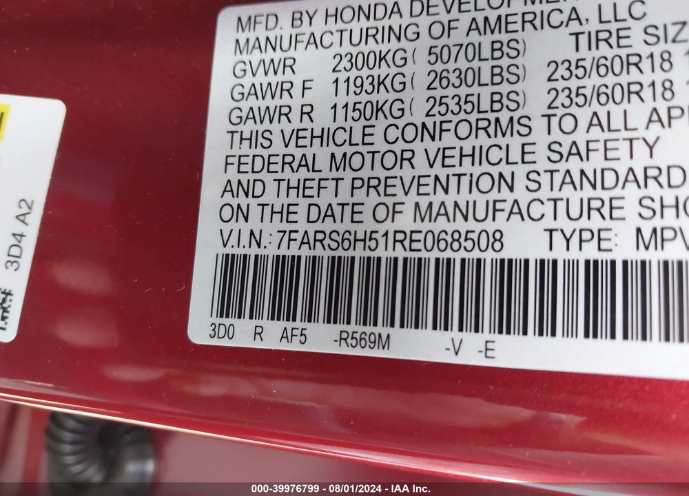 2024 HONDA CR-V HYBRID SPORT VIN: 7FARS6H51RE068508