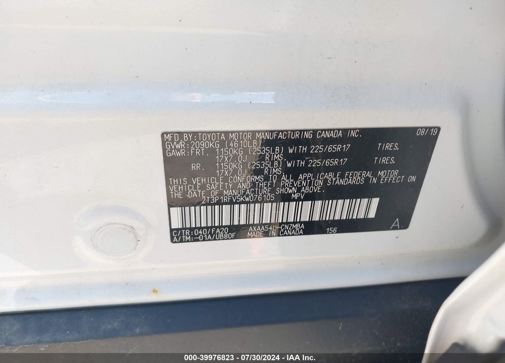 2019 TOYOTA RAV4 XLE VIN: 2T3P1RFV5KW076105