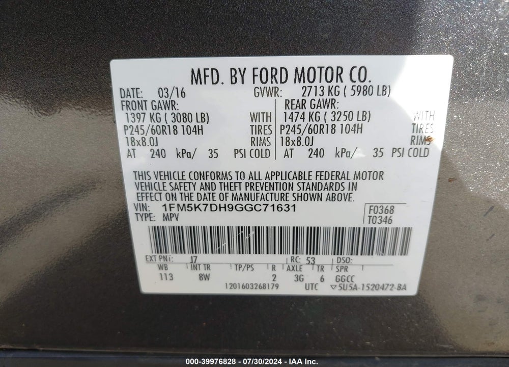 2016 FORD EXPLORER XLT VIN: 1FM5K7DH9GGC71631