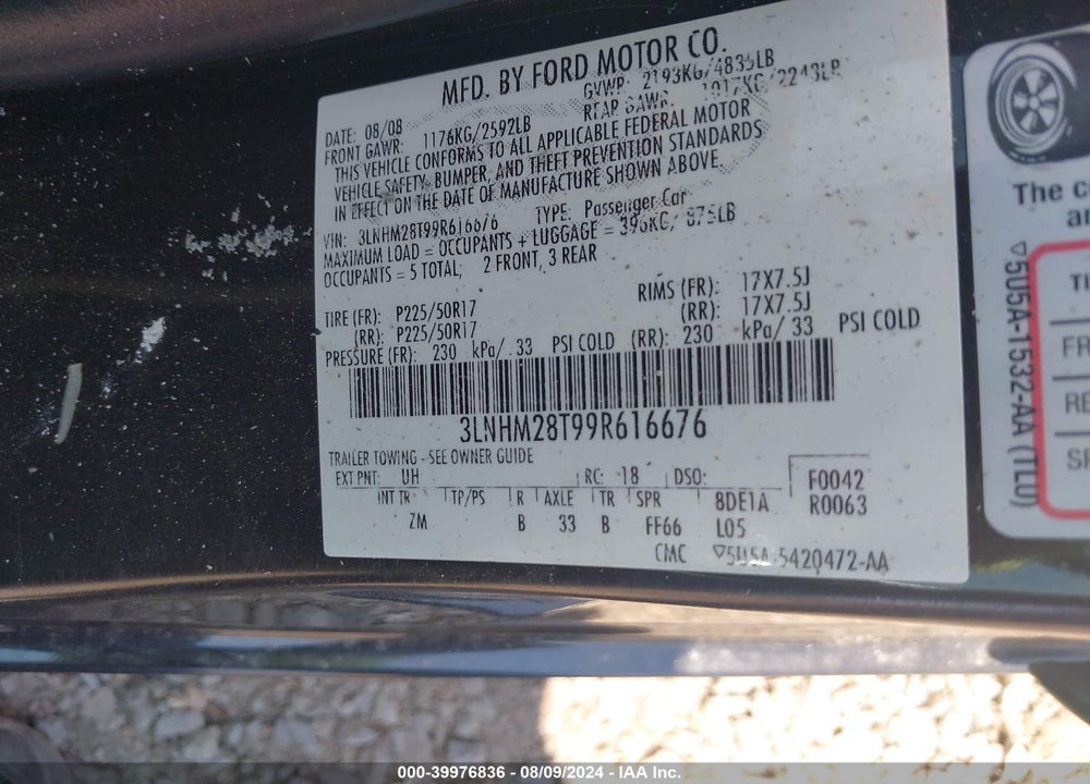 2009 LINCOLN MKZ VIN: 3LNHM28T99R616676