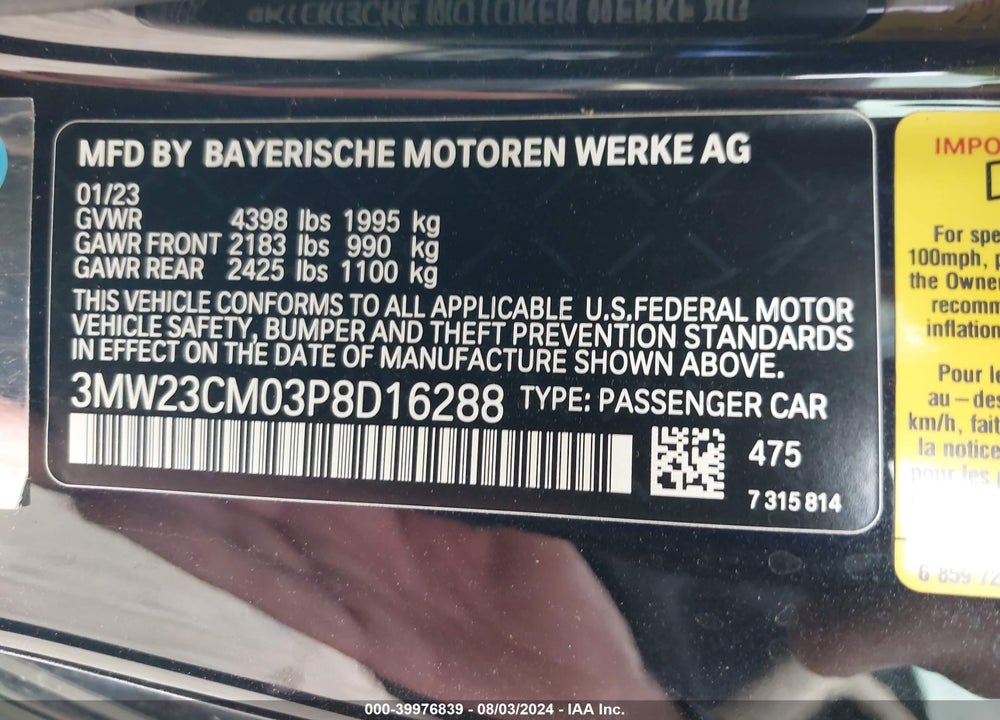 2023 BMW 230 I VIN: 3MW23CM03P8D16288