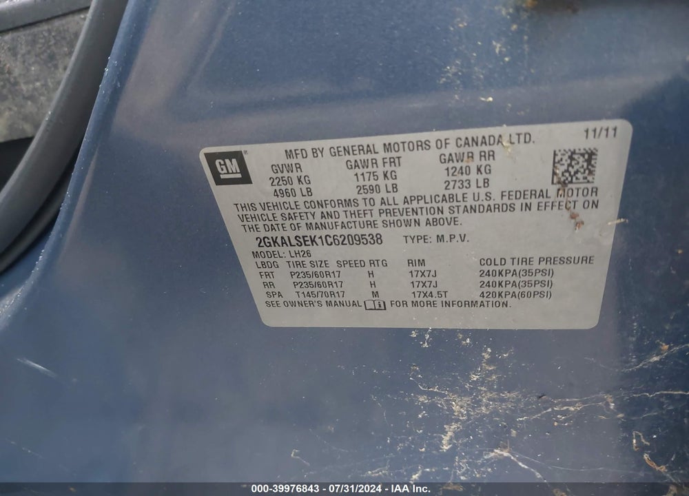 2012 GMC TERRAIN SLE-2 VIN: 2GKALSEK1C6209538