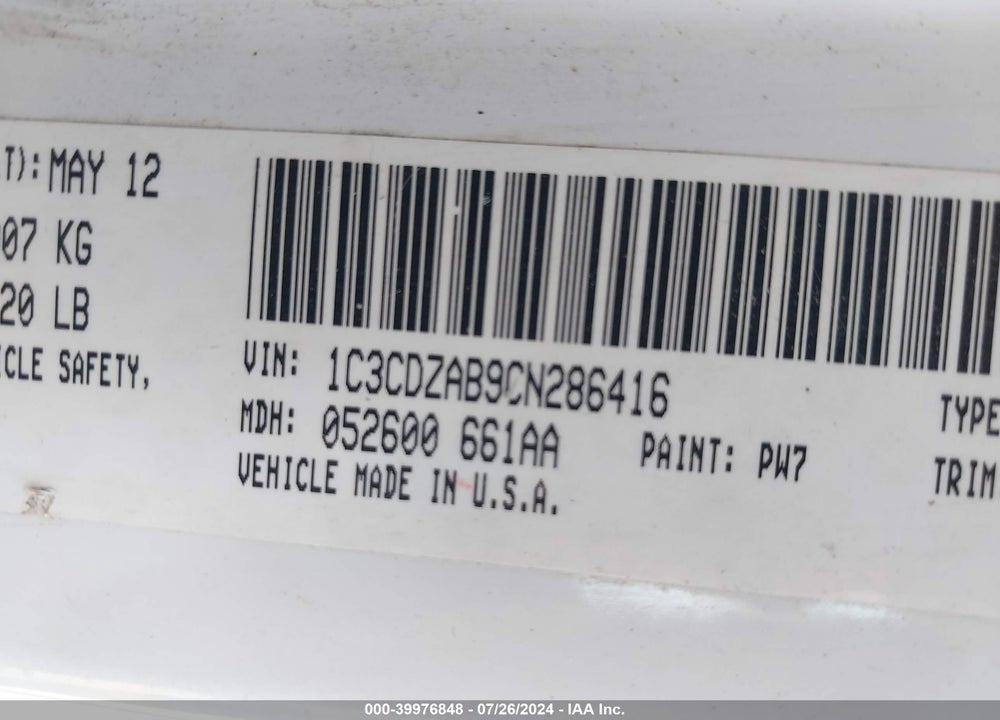 2012 DODGE AVENGER SE VIN: 1C3CDZAB9CN286416