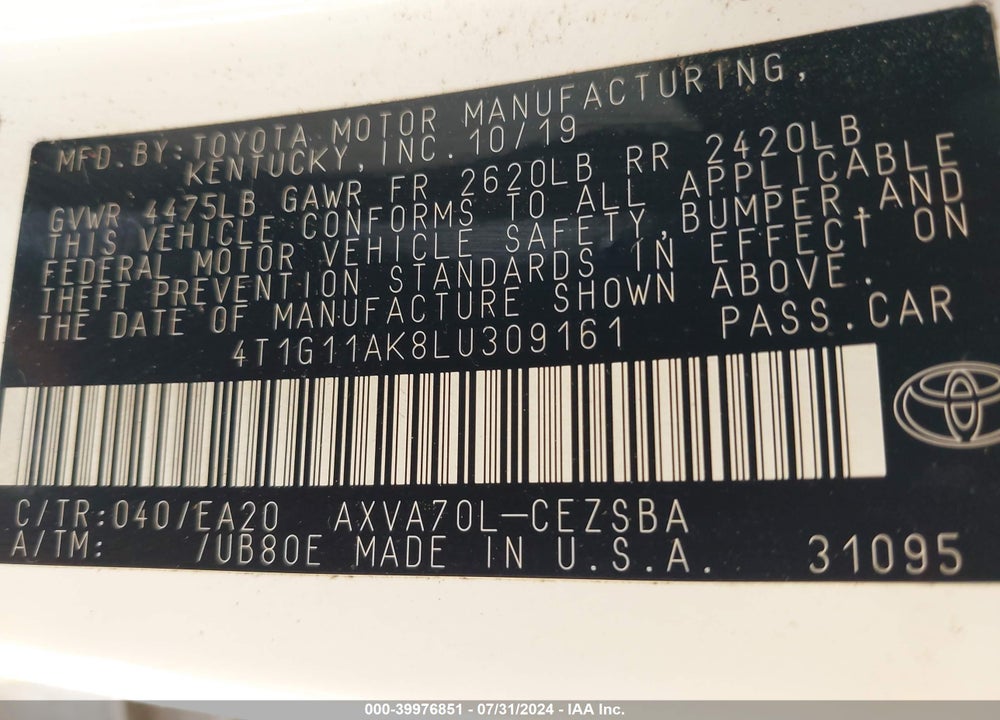 2020 TOYOTA CAMRY SE VIN: 4T1G11AK8LU309161