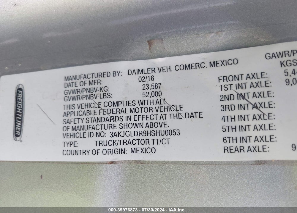 2017 FREIGHTLINER CASCADIA 125 VIN: 3AKJGLDR9HSHU0053