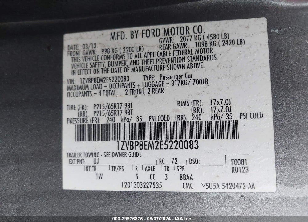 2014 FORD MUSTANG V6 VIN: 1ZVBP8EM2E5220083