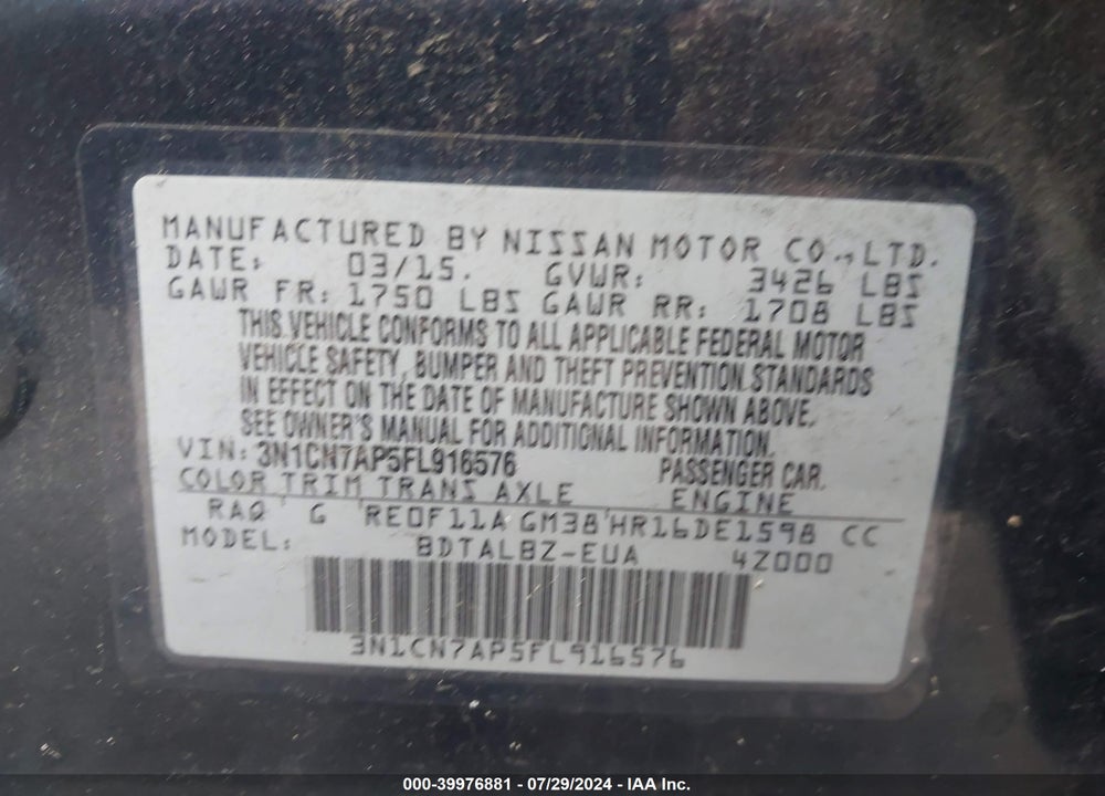 2015 NISSAN VERSA 1.6 SV VIN: 3N1CN7AP5FL916576