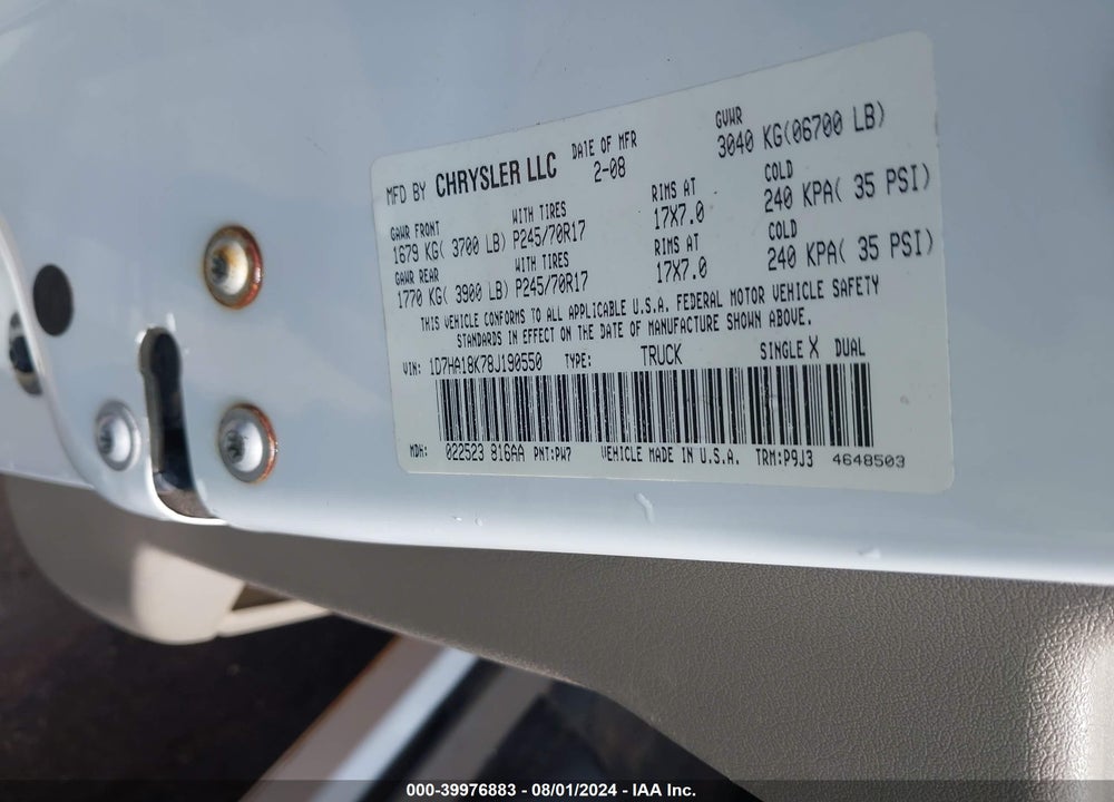 2008 DODGE RAM 1500 ST/SXT VIN: 1D7HA18K78J190550