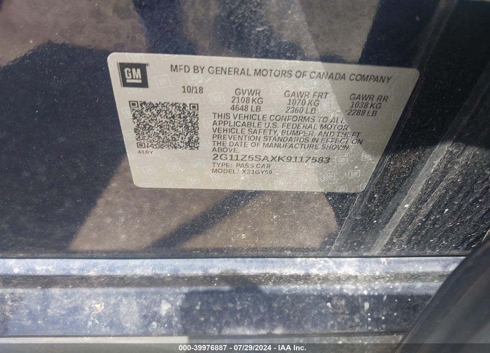 2019 CHEVROLET IMPALA LT VIN: 2G11Z5SAXK9117583