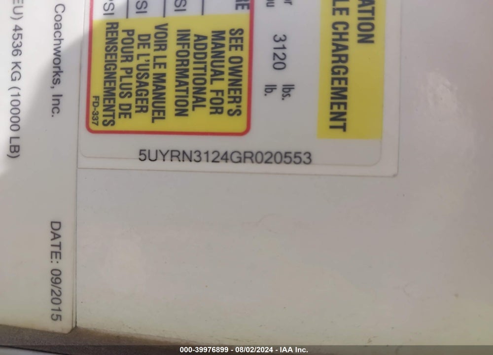 2016 PACIFIC COACH WORKS RAGEN VIN: 5UYRN3124GR020553