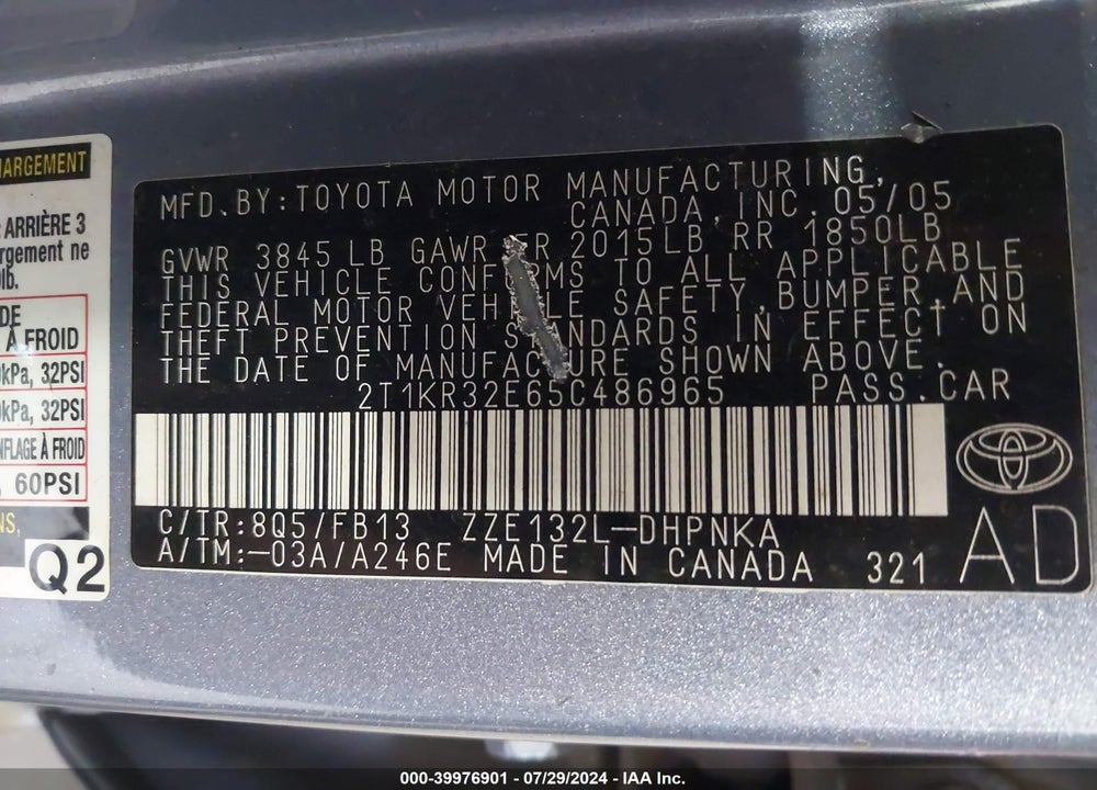 2005 TOYOTA MATRIX/XR VIN: 2T1KR32E65C486965