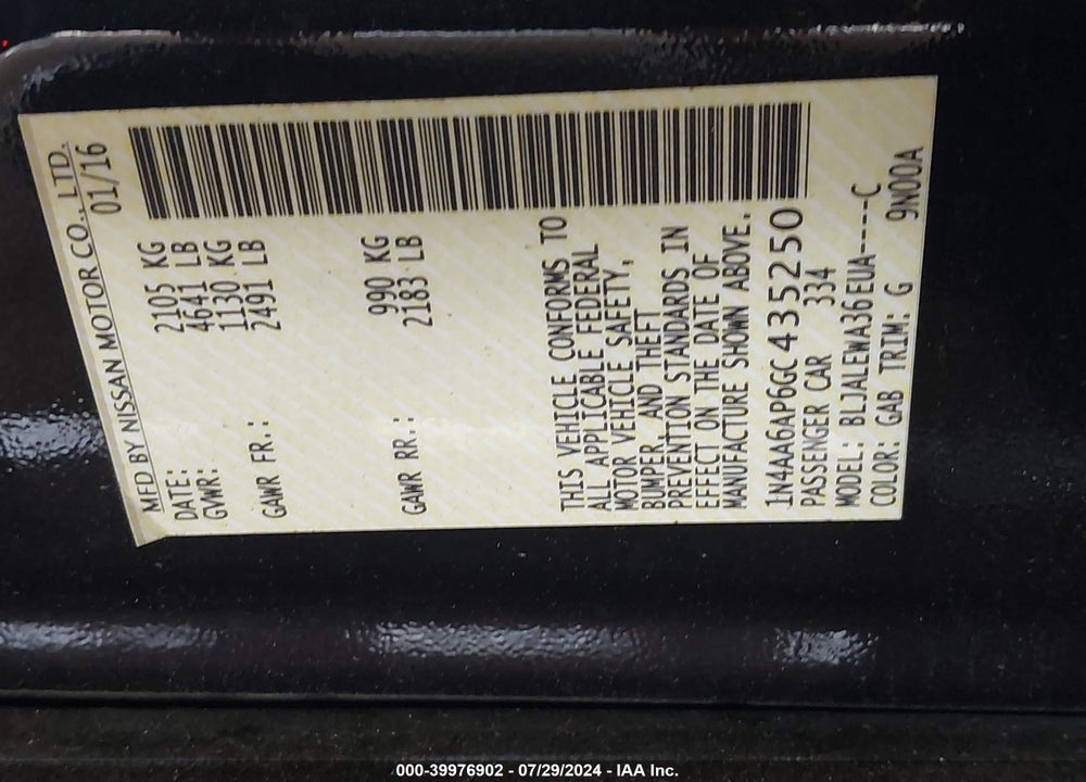 2016 NISSAN MAXIMA 3.5 SL VIN: 1N4AA6AP6GC435250