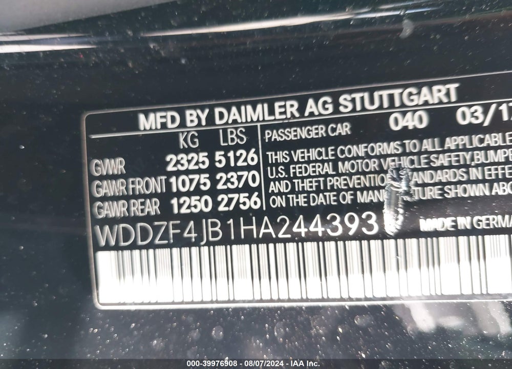 2017 MERCEDES-BENZ E 300 VIN: WDDZF4JB1HA244393