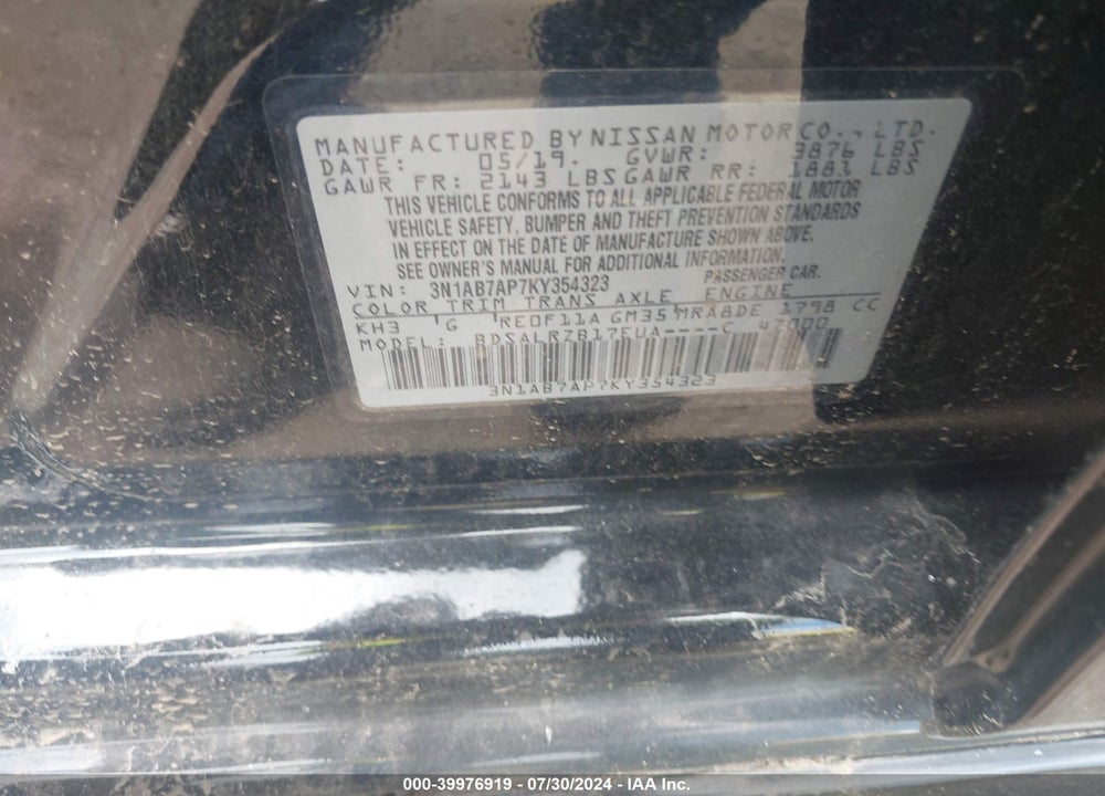 2019 NISSAN SENTRA SR VIN: 3N1AB7AP7KY354323