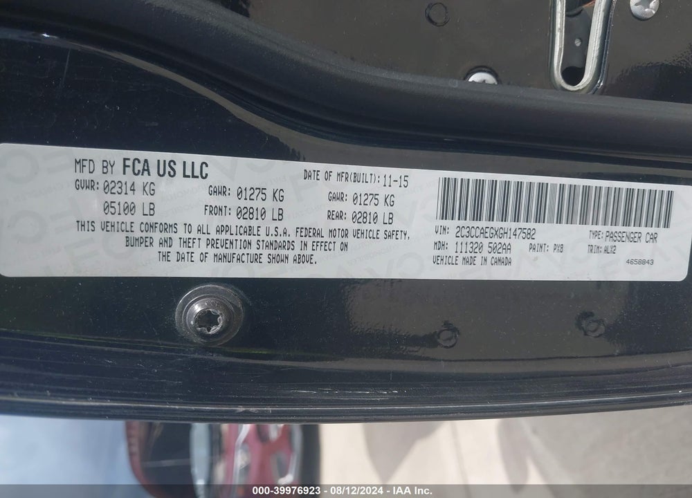 2016 CHRYSLER 300C VIN: 2C3CCAEGXGH147582