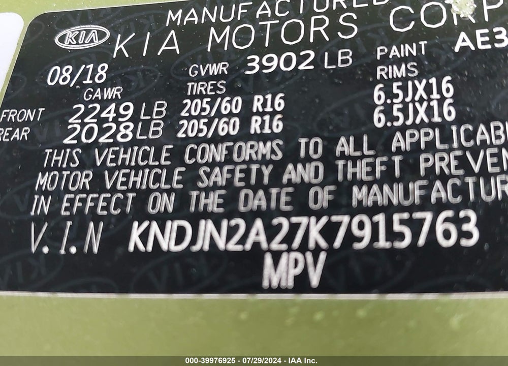 2019 KIA SOUL VIN: KNDJN2A27K7915763