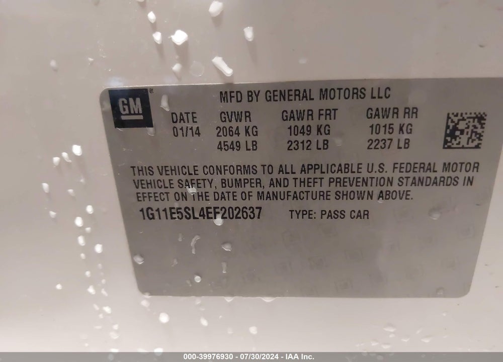 2014 CHEVROLET MALIBU 2LT VIN: 1G11E5SL4EF202637