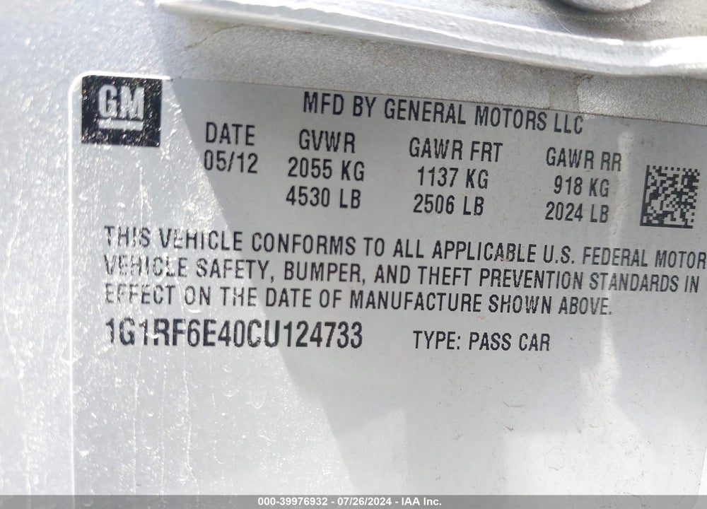 2012 CHEVROLET VOLT VIN: 1G1RF6E40CU124733