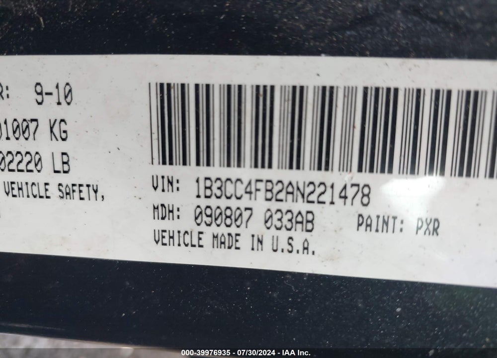 2010 DODGE AVENGER SXT VIN: 1B3CC4FB2AN221478