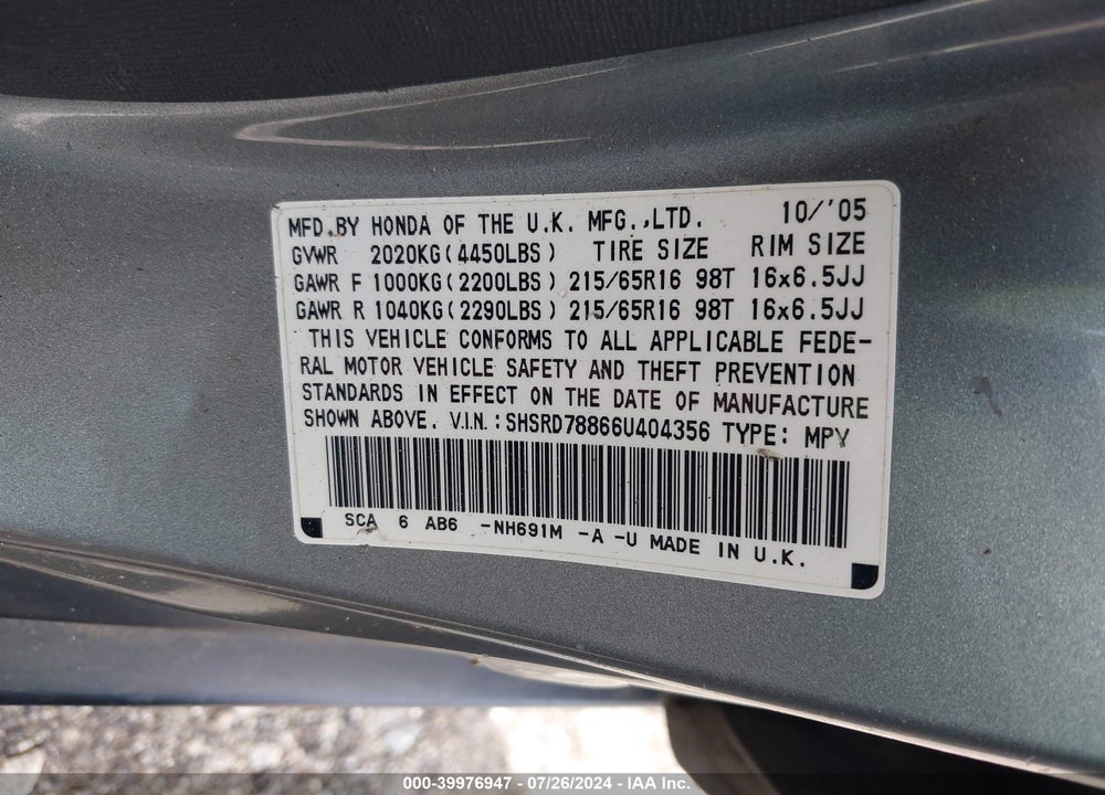 2006 HONDA CR-V EX VIN: SHSRD78866U404356