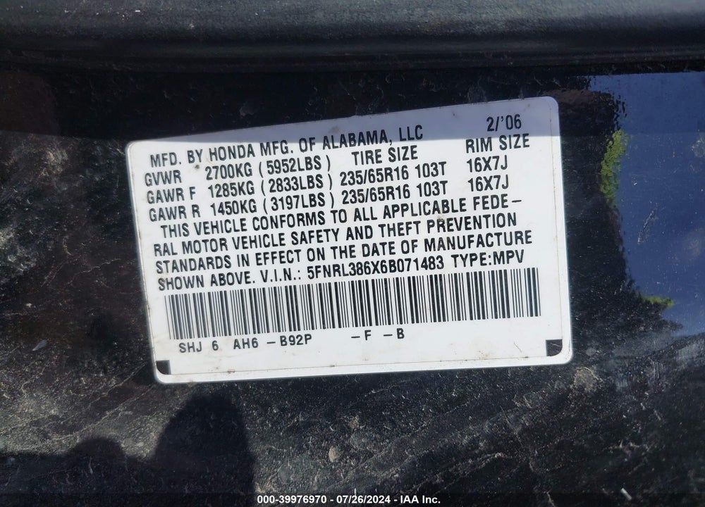 2006 HONDA ODYSSEY EX-L VIN: 5FNRL386X6B071483