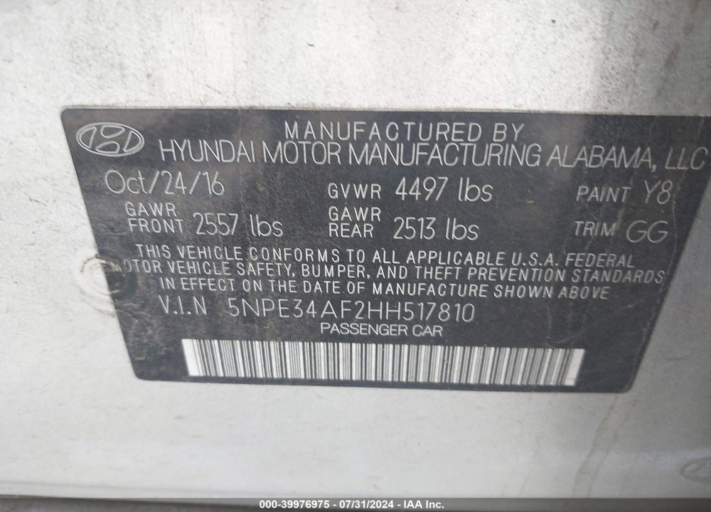2017 HYUNDAI SONATA SPORT VIN: 5NPE34AF2HH517810